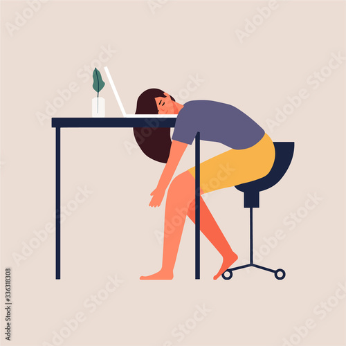 Businesswoman sleeping on laptop and tired working from home cartoon hand drawn style flat vector design human character illustration