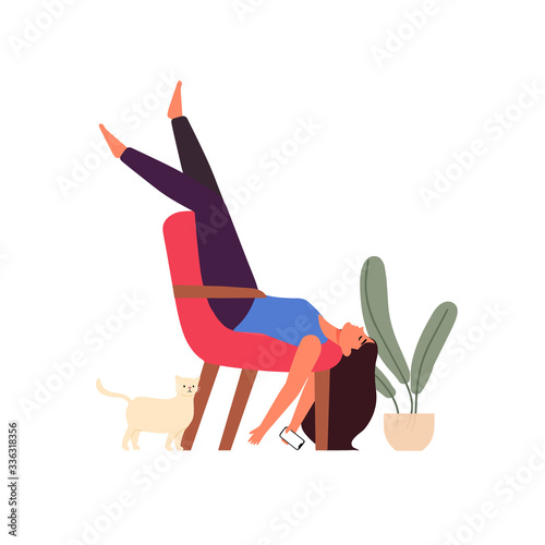 lazy woman sitting on a chair and sleep with cell phone and cat cartoon hand drawn style flat vector design human character illustration