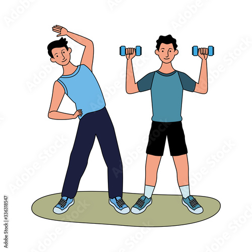 young men athletes practicing exercise characters