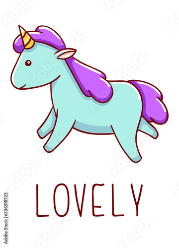 Cute kawaii hand drawn blue unicorn doodles, lettering lovely , isolated on white background