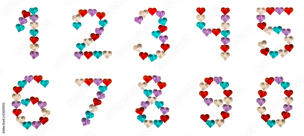 Isolated Font set of numbers 0-9 made of colorful glass hearts with sparkles on white and black backgrounds