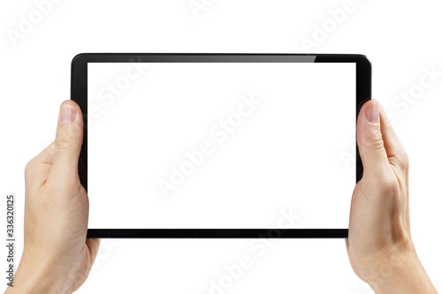 Black tablet computer in male hands, isolated on white background