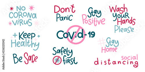 Covid-19 stickers set. Coronavirus lettering. Elements for poster, banners, coffee cups and mug, T-shirt and notebook.