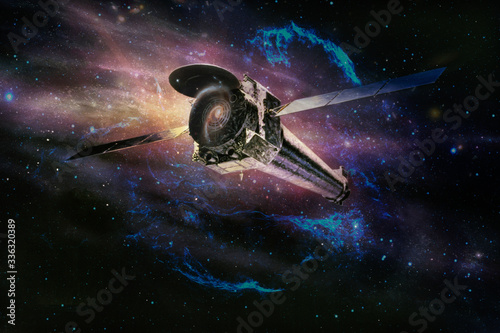 Fotografie, Tablou Spaceship in deep space, spacecraft flying through the universe, for futuristic deep space travel or science fiction backgrounds, bottom rear view