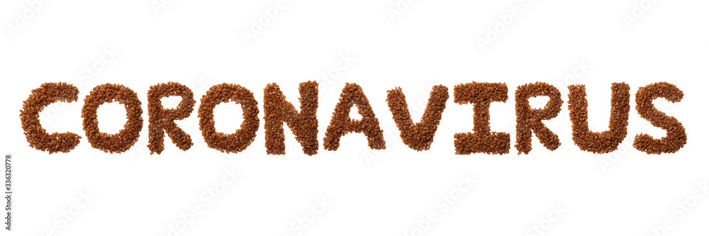 Inscription Coronavirus of the English alphabet from dry pasta from buckwheat amaranth flour on a white isolated background.Meal and medical pattern.Sign from a photo of real pasta Inscription Coronavirus of the English alphabet from dry pasta from buckwheat amaranth flour on a white isolated background.Meal and medical pattern.Sign from a photo of real pasta