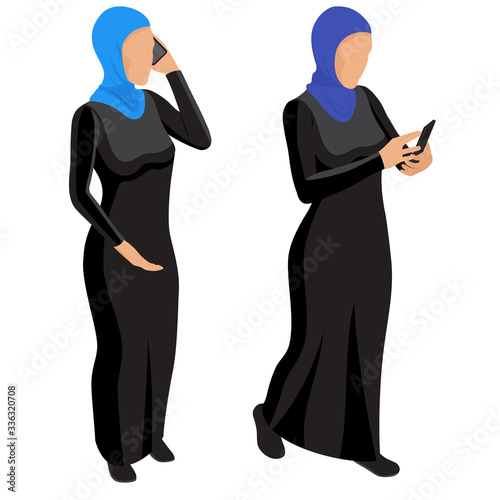 Arab muslim woman character isolated on white background. Arab young business woman in national dress talking on the phone. Vector isometric. Arab girl character, saudi cartoon female