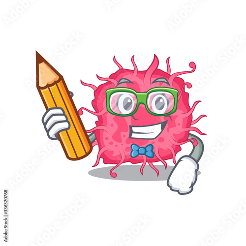 A brainy student pathogenic bacteria cartoon character with pencil and glasses
