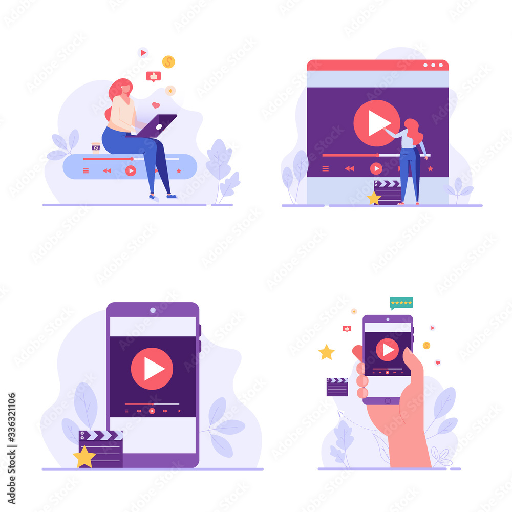 People with mobile phone using and watching streaming service with clapper. Streaming cinema concept. Set of video marketing, online cinema. Vector illustration for UI, web banner, mobile app People with mobile phone using and watching streaming service with clapper. Streaming cinema concept. Set of video marketing, online cinema. Vector illustration for UI, web banner, mobile app