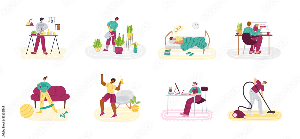Stay home concept - people and home activities for covid-19 quarantine isolation - cooking, cleaning, dancing, sport exercise and resting, flat cartoon characters isolated on white vector illustration