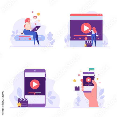 People with mobile phone using and watching streaming service with clapper. Streaming cinema concept. Set of video marketing, online cinema. Vector illustration for UI, web banner, mobile app