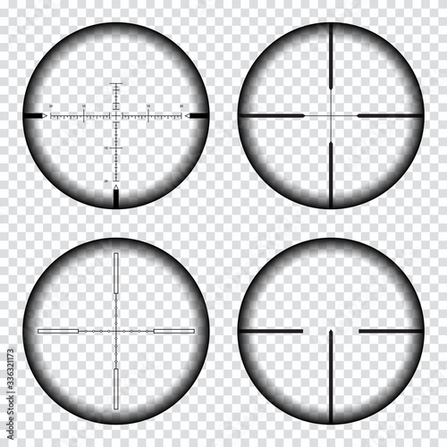 Sniper scope crosshairs view. Sniper rifle aim isolated on transparent background. Target aim and aiming to bullseye signs symbol. Sniper scope with measurement marks