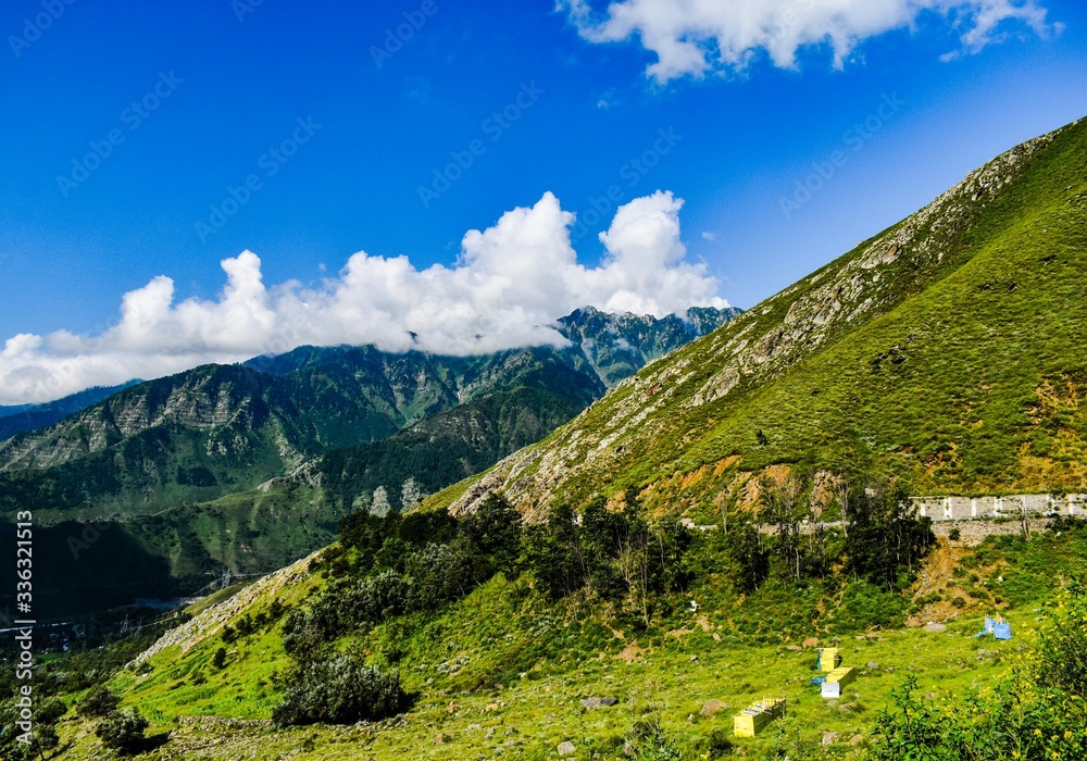 An eye catching view of lush green mountains at Ramban Kashmir,India.