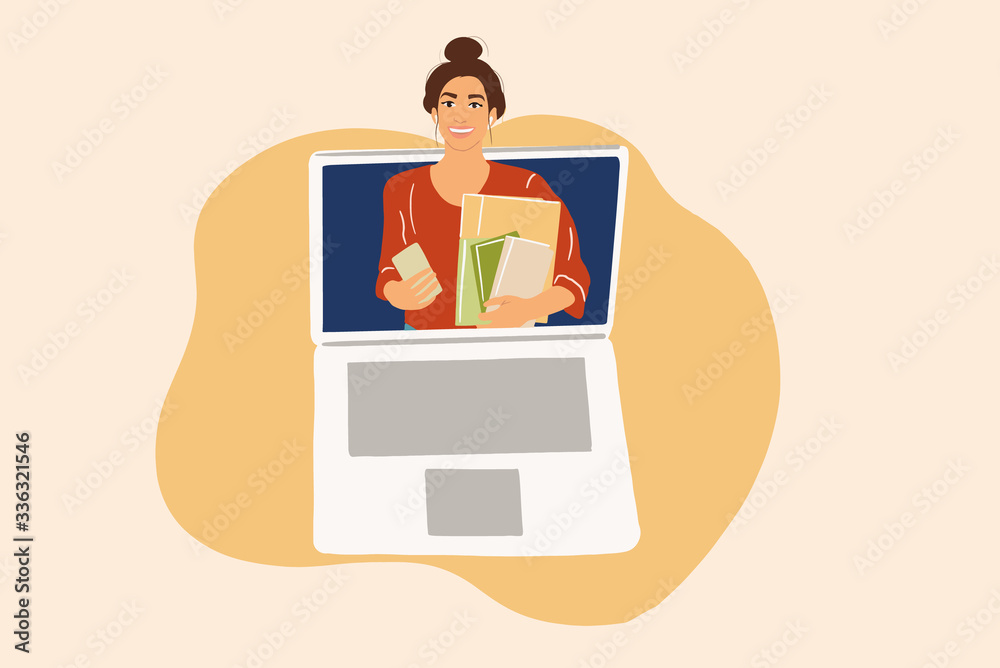 Young student in laptop monitor. Online study concept. Colorful vector illustration in flat cartoon style