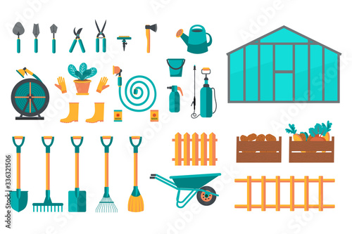 Set of various colorful gardening tools. Vector illustration of items for gardening and farming. Organic vegetable crops cultivation. Vector illustration