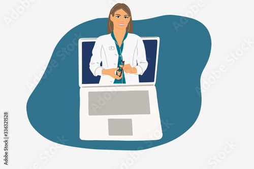 Female doctor in laptop monitor. Online and teemedicine concept. Colorful vector illustration in flat cartoon style