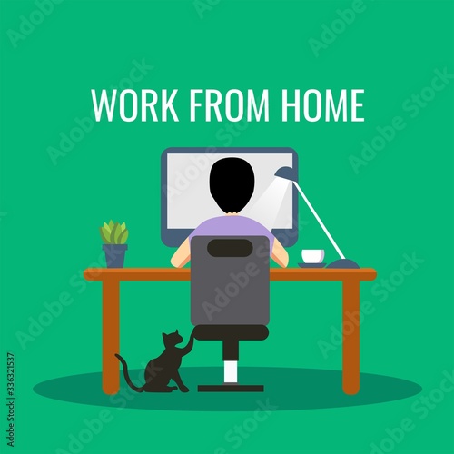 Work Form Home concept with men sitting at desk, staring at computer screen and typing on keyboard for some paperwork. Happy men doing work from home. men sitting and studying at desk.