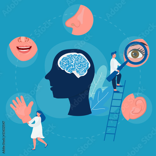 Mental health concept with small people.  Psychological support. Melancholy, depression, oppression. Vector illustrationcan use for landing page, web, mobile, app, banner, poster, flyer