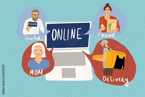 Drawing of a doctor, student, deliveryman and mom communicating online. Concept of work and communication online. Colorful vector illustration in flat cartoon style