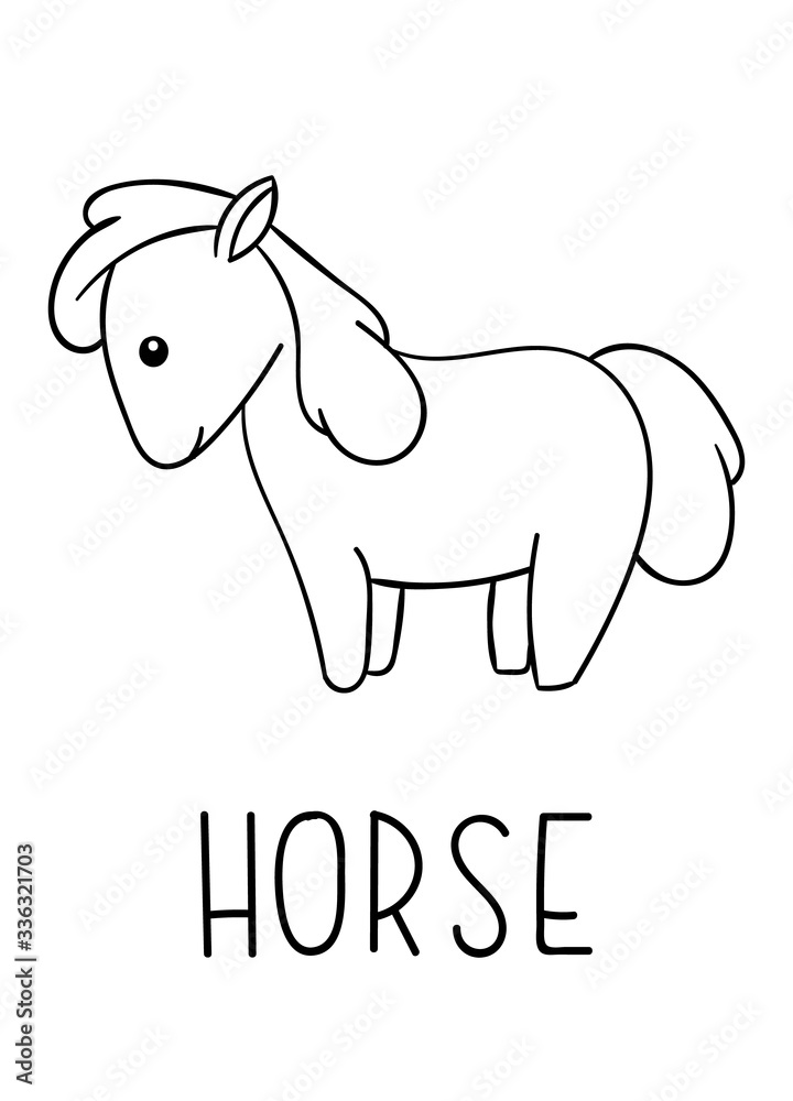 Coloring pages, black and white cute kawaii hand drawn horse doodles, lettering horse