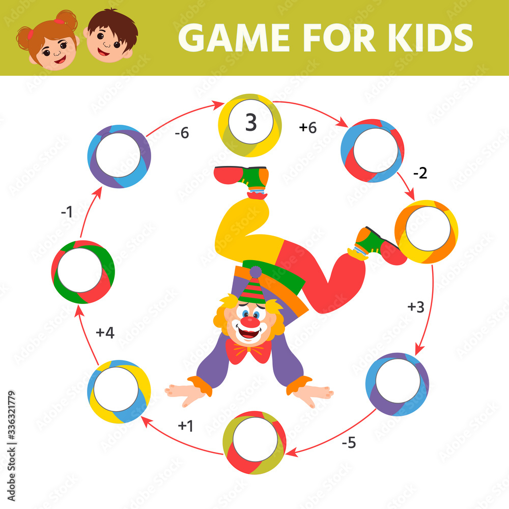 Math Game for children. Clown. Learning counting, addition.  Education developing worksheet. Vector illustration