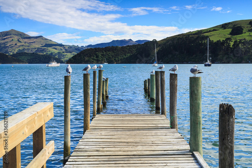 A half-sunken pier serving as a roost for seagulls. The pier is designed so that the sunken portion can be used at low tide. Akaroa Harbour, New Zealand © Michael