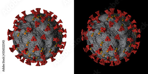 Coronavirus Covid-19 black and white background. Concept of SARS-CoV-2. Virus Infection. Medical wallpaper. 3D illustration of coronavirus.