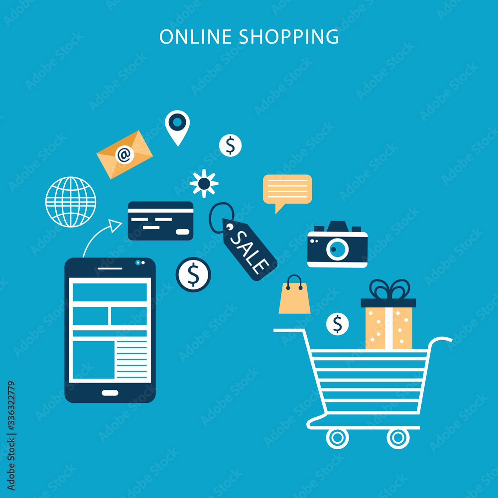 E-commerse online store flat banner webpage design with shopping cart and sale items icons E-commerse online store flat banner webpage design with shopping cart and sale items icons