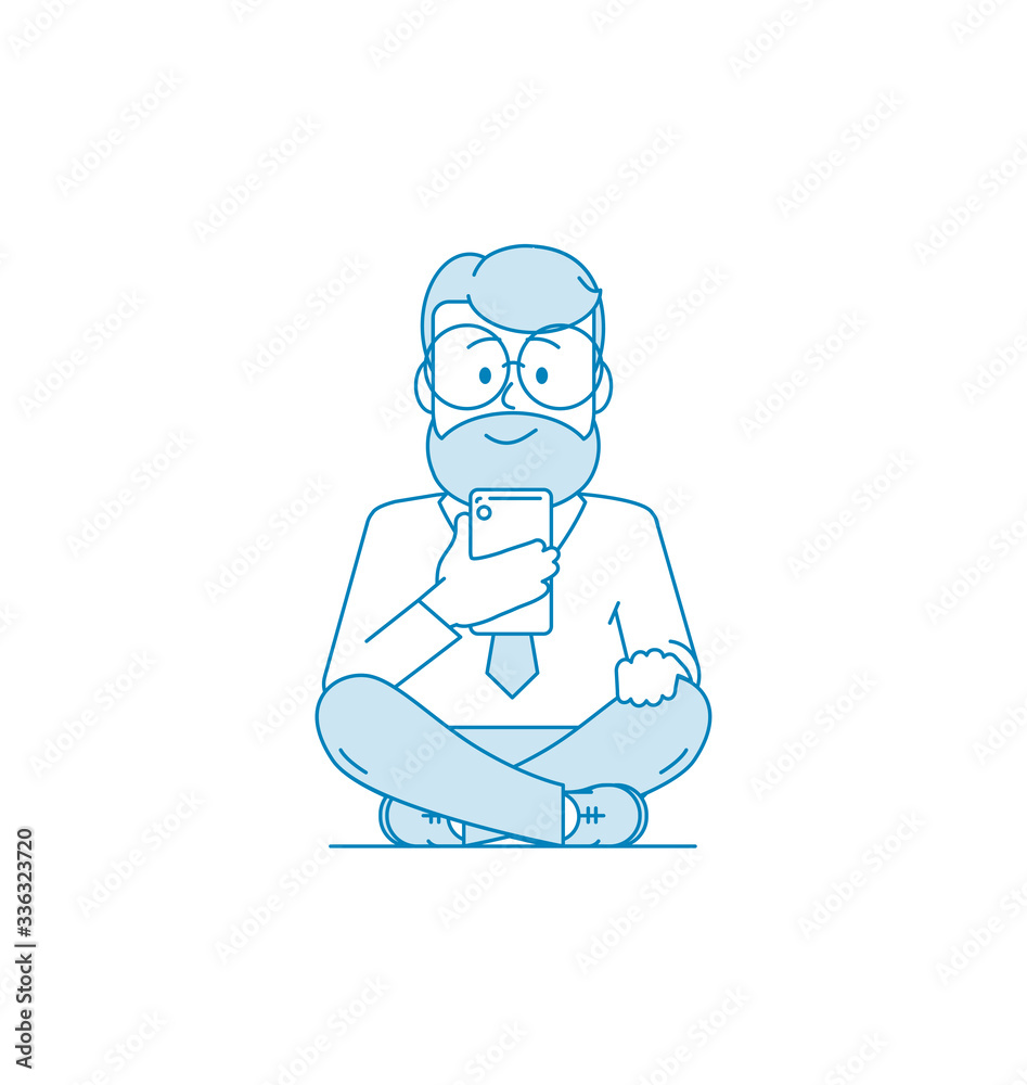 Smiling man browses the message on a smartphone, sitting on the floor with legs crossed. Social Networking Concept or online chat . Man with a beard and glasses. Illustration in line art style Vector