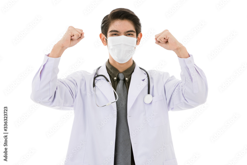 Young Asian man in lab coat in white background Young Asian man in lab coat in white background