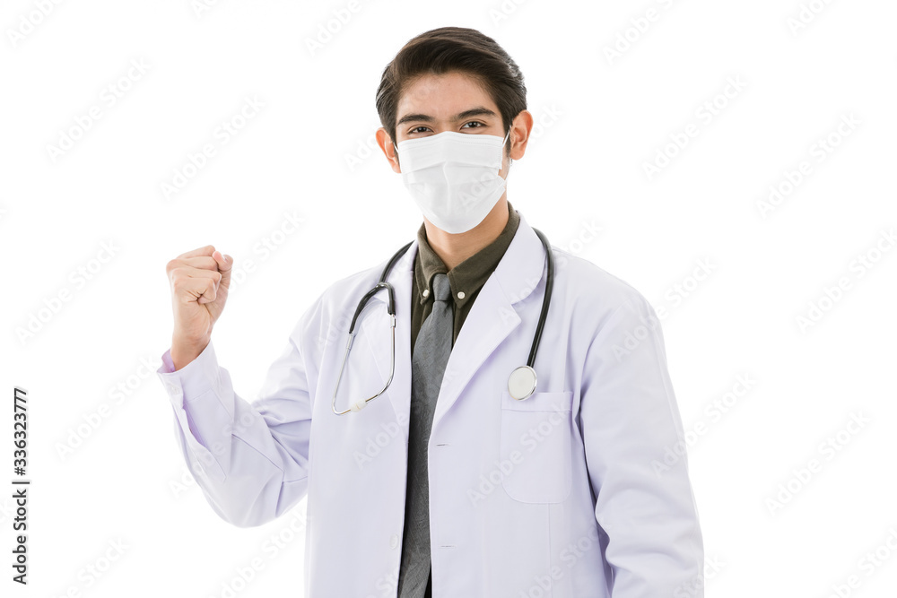 Young Asian man in lab coat in white background