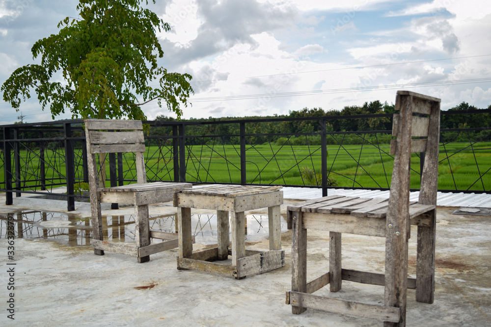 Tea table outdoor compose field green and sky  