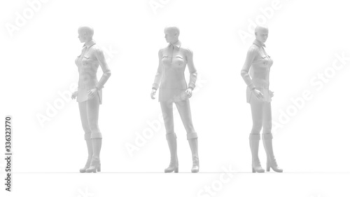 3D rendering of a mannequin isolated on white multiple views clothes