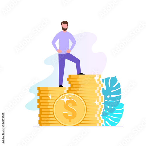 Financial consultant or investor stands on a stack of coins. Successful businessman or modern entrepreneur. Services Financial consulting and savings. Illustration in flat style. Vector