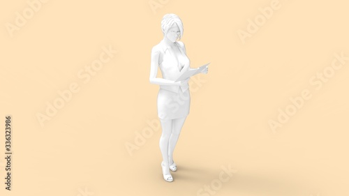 3D rendering of a woman holding a document inspecting looking studying