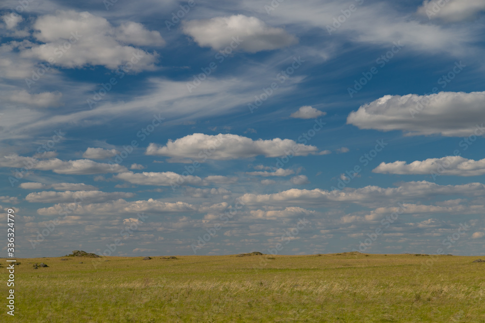 blue sky with Cumulus clouds, field (steppe)