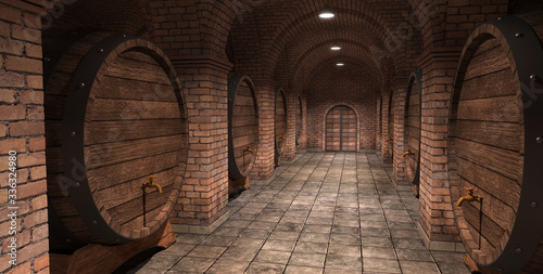 Background of wine barrels in wine-vaults. Mixed media. Interior of wine vault with wooden barrels. -3d rendering. - Illustration.