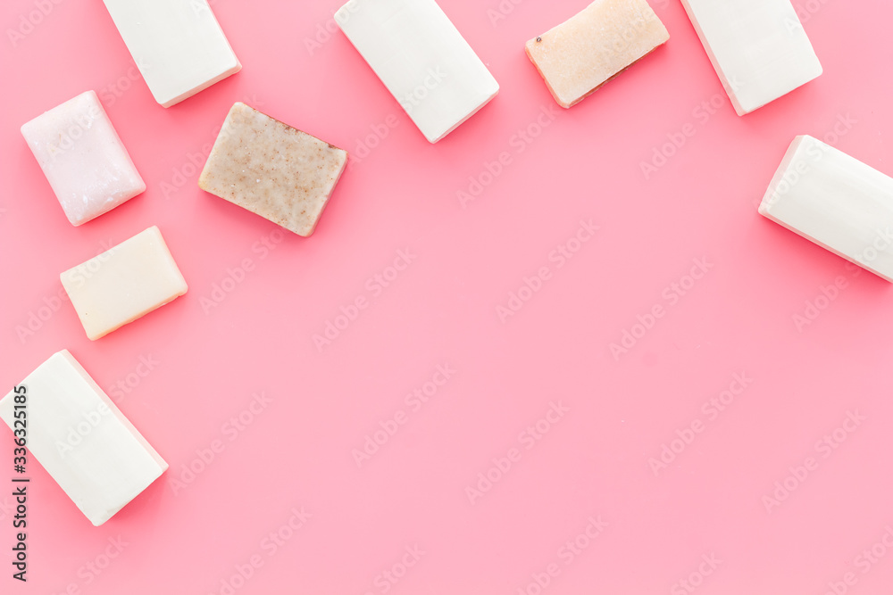 Soap bars flat lay on pink background top-down copy space frame Soap bars flat lay on pink background top-down copy space frame