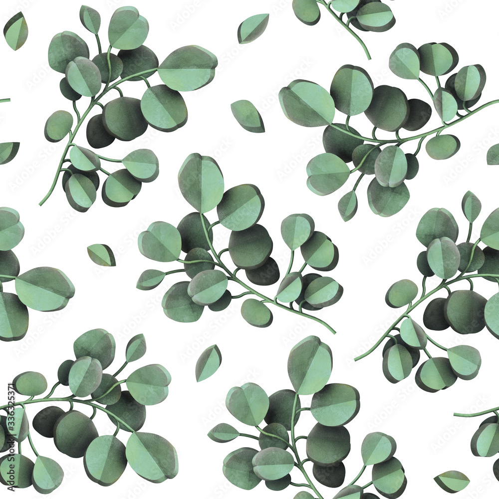 Green leaves eucalyptus populus seamless pattern isolated on white backdrop. Plant flower pattern. Garden texture. Floral illustration. 3d render with watercolor painting of eucalyptus branches leaves