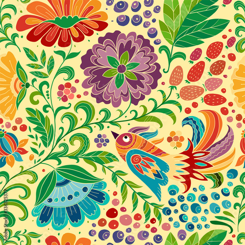 Magic forest with birds, seamless pattern for your design