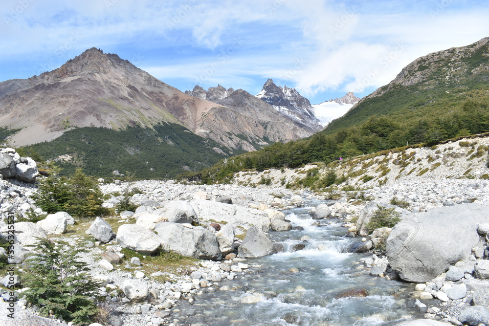 Hiking Trail to the Laguna de Los Tres in National Park in El Chalten, Argentina, Patagonia with snow covered Fitz Roy Mountain in background