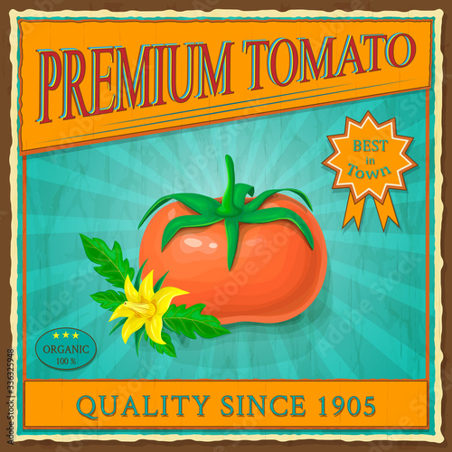 Retro tomato vintage advertising poster. vector label or banner with red ripe tomato fruits, green leaves in vintage style. square grunge illustration of tomato product. old fashioned ad of vegetable