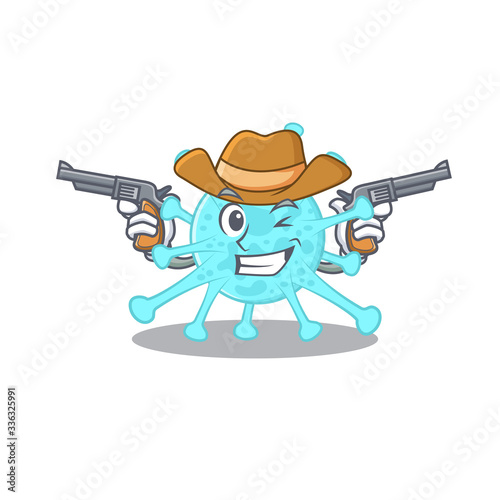 Cute handsome cowboy of cegacovirus cartoon character with guns