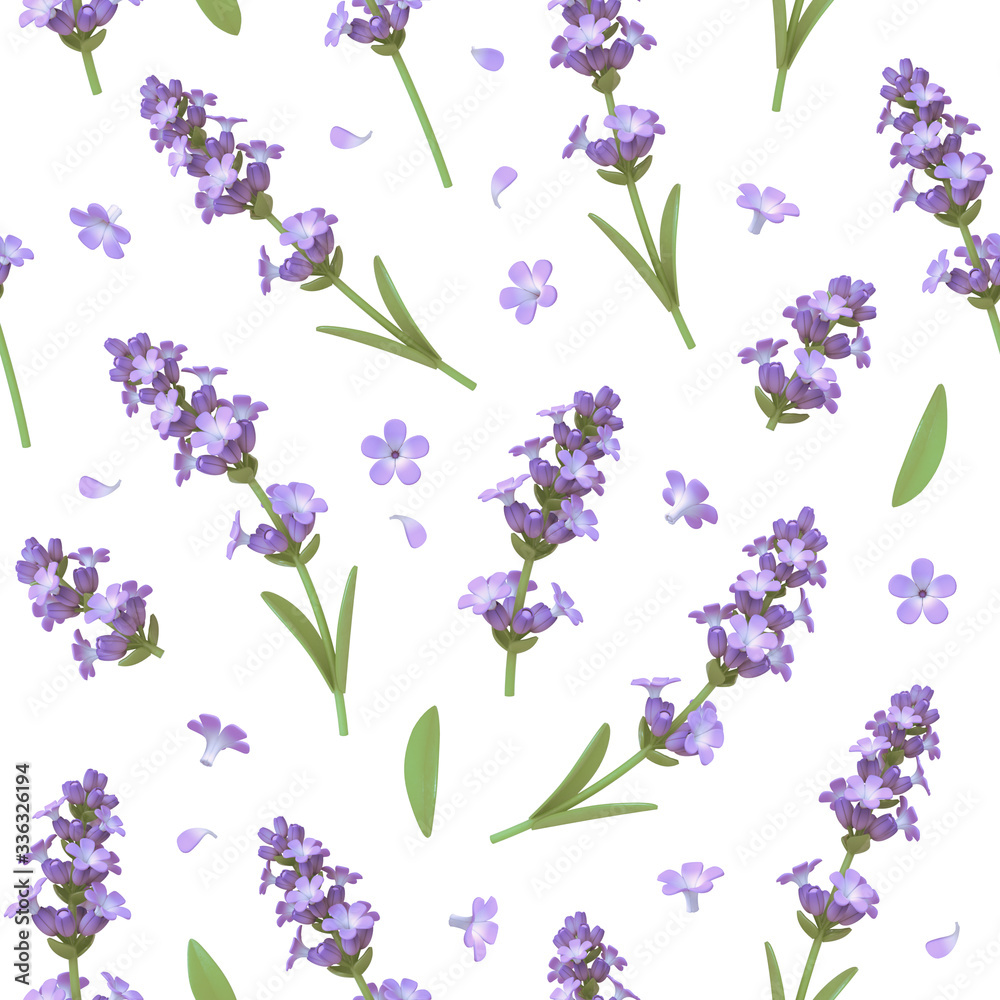 Lavender flowers seamless pattern isolated on white backdrop. Beautiful fresh purple lavender herb plant with petals Bunch of Blooming Lavender flowers for Aromatherapy. Aromatic Wildflower. 3d render