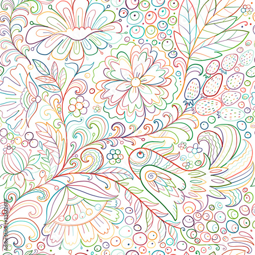Magic forest with birds, seamless pattern for your design