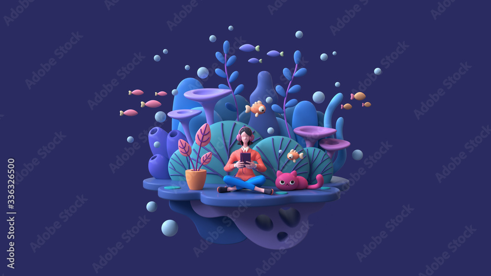 Young woman in headphones learning online with tablet at home. Brunette girl enjoys listening to music from mobile phone deep underwater with cat, fish, algae, coral reefs. 3d render on blue backdrop
