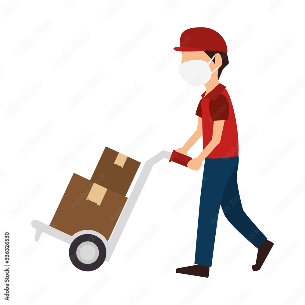 delivery worker using face mask with boxes carton in wheelbarrow vector illustration design delivery worker using face mask with boxes carton in wheelbarrow vector illustration design
