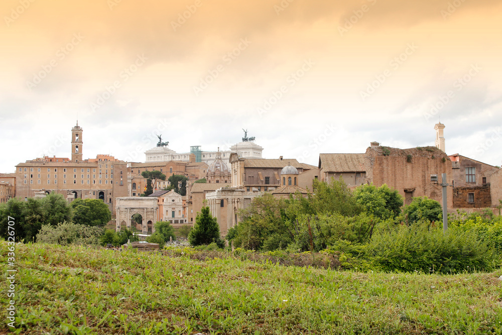View of the Roman Forum in Rome during cloudy day, Italy