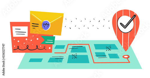 Safe delivery. Mail, postcards, delivery. Fast service. Geolocation. Coronavirus pandemic self isolation, health care, protection. Flat colourful vector illustration, art isolated on white background.