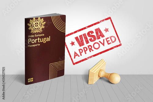 Portugal Passport with Visa Approved Wooden Stamp for Travel - 3D Illustration