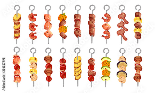 Meat and Vegetables Skewered on Metal Spits Vector Set